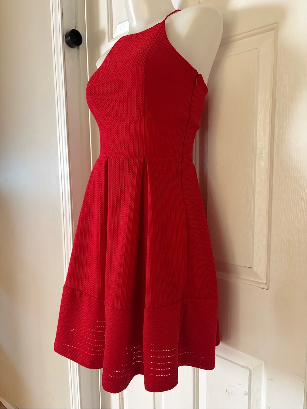 TWIK Simons Red Ribbed Halter Skater Dress Pleated Cutout Hem Sz XS - Picture 2 of 13